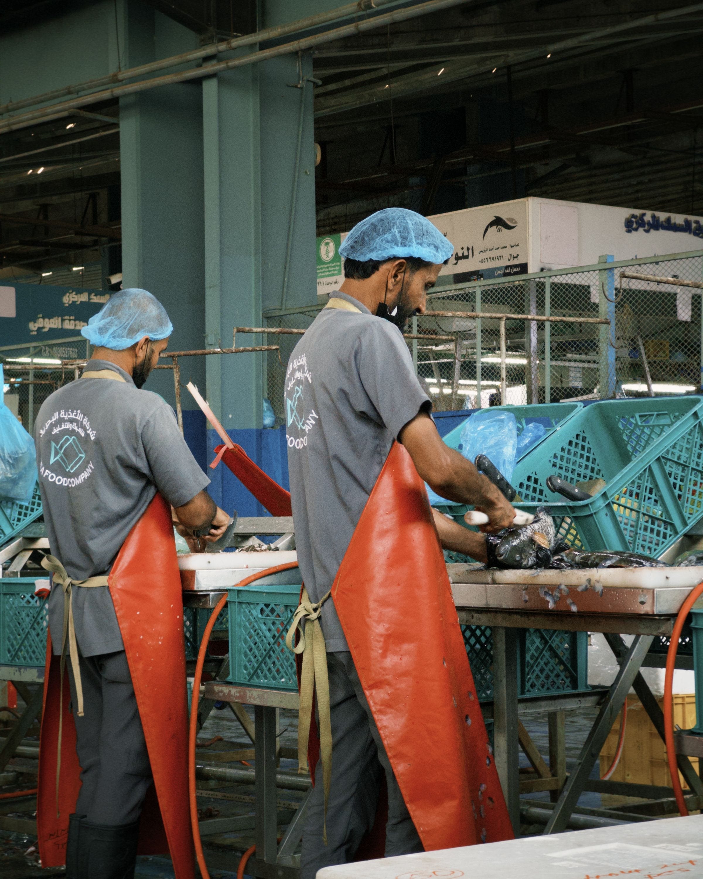 Workers in hairnets and aprons processing fish at a seafood plant