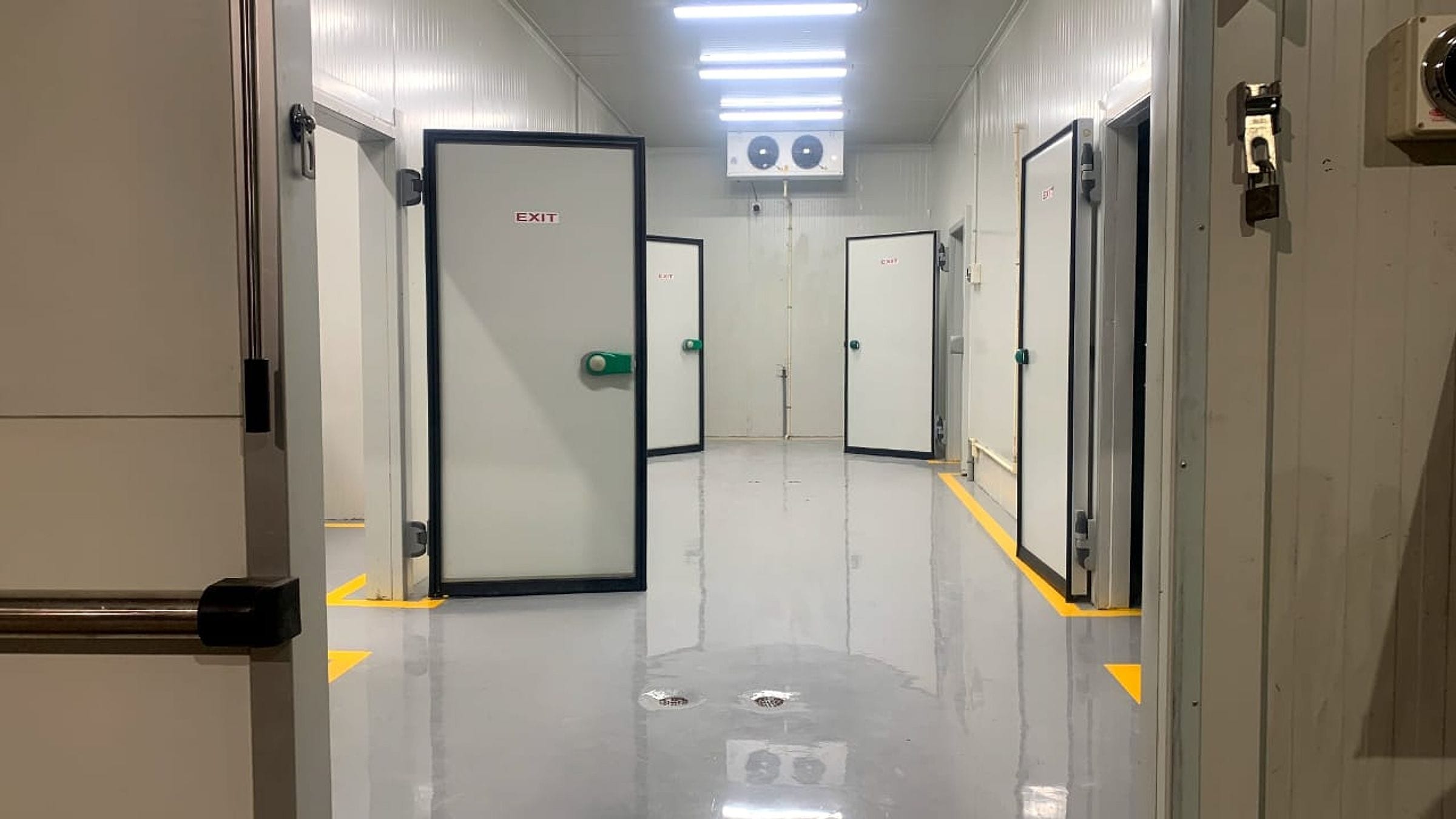 Corridor between temperature-controlled rooms at the cold storage facility