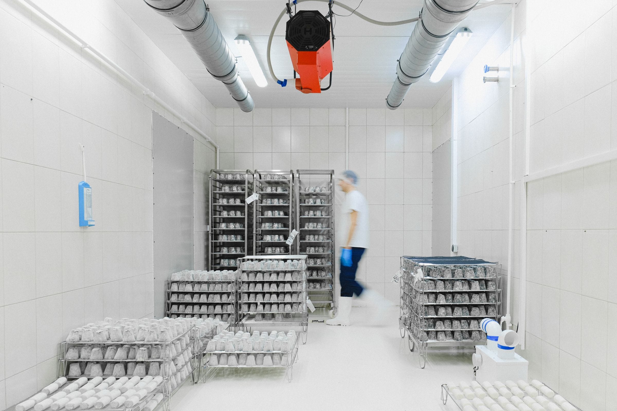 A worker moving through a temperature-controlled cold storage facility with racked shelving